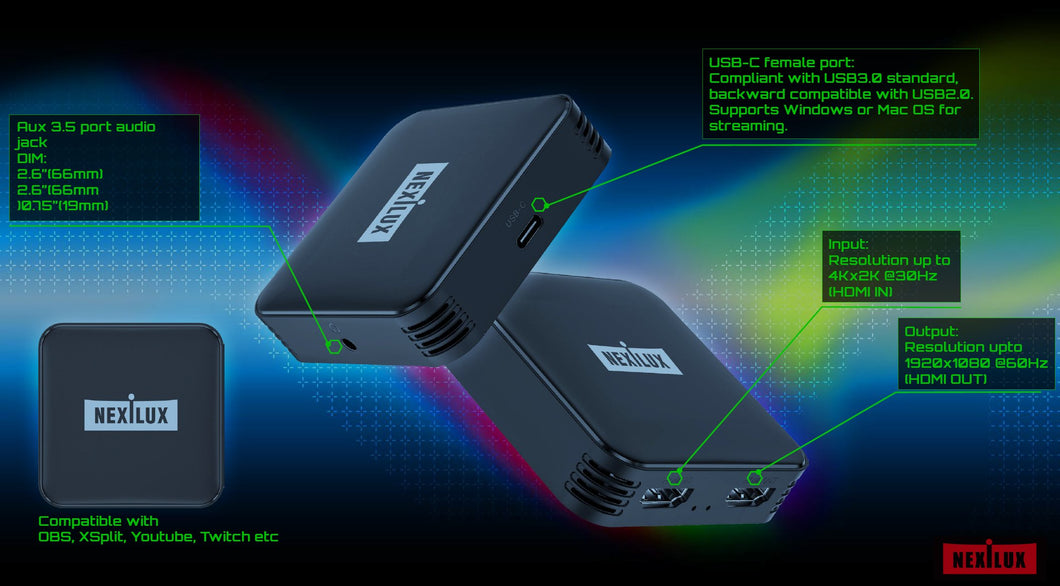 NEXILUX USB HDMI Video Capture Card - Livestream - Record